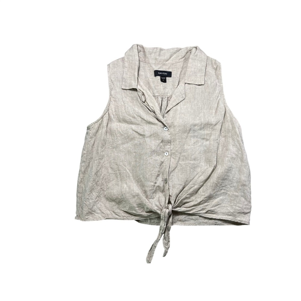 Karen Kane 100% Linen Button Front Tie Hem Sleeveless Top Beige Size L
